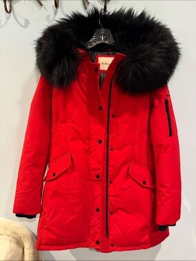 BCBGeneration Red Winter Parka Jacket with Black Faux Fur Hood - Size L (NWOT)